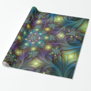 Illuminated Abstract Shiny Teal Purple Fractal Art Wrapping Paper