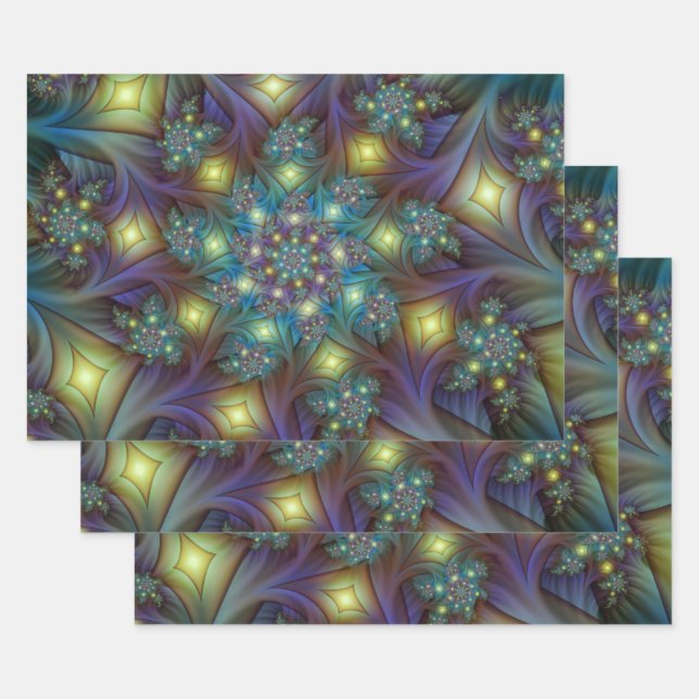 Illuminated Abstract Shiny Teal Purple Fractal Art Wrapping Paper Sheet (Set)
