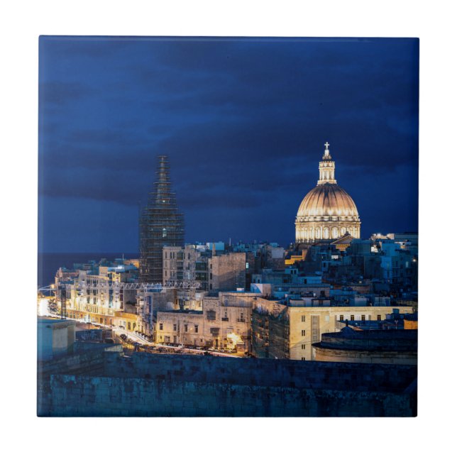 Illuminated at night Valletta old town and harbor Ceramic Tile (Front)