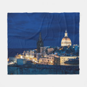 Illuminated at night Valletta old town and harbor Fleece Blanket