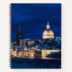 Illuminated at night Valletta old town and harbor Notebook