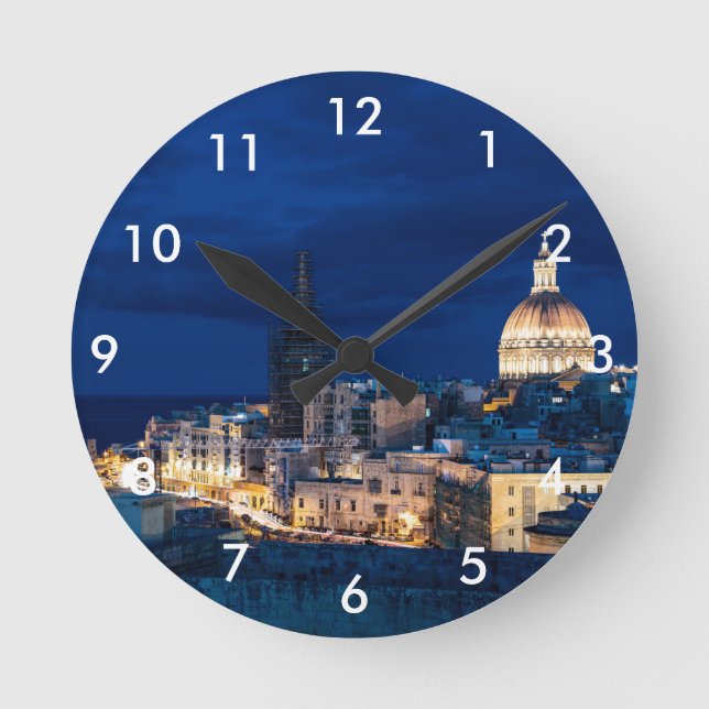 Illuminated at night Valletta old town and harbor Round Clock (Front)