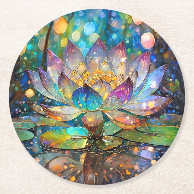 Illuminated Blooming Lotus Flower Round Paper Coaster (Front)