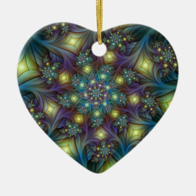 Illuminated blue purple Fractal Art Pattern Heart Ceramic Ornament (Front)