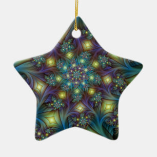 Illuminated blue purple Fractal Art Pattern Star Ceramic Ornament