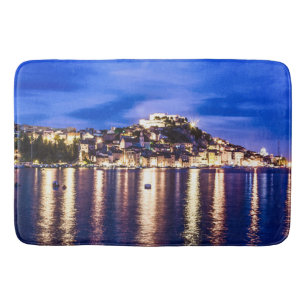 Illuminated harbor in Sibenik, Croatia Bath Mat
