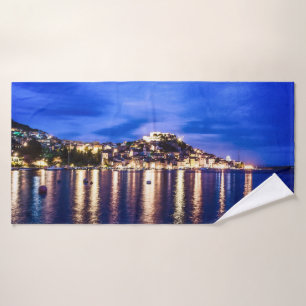 Illuminated harbor in Sibenik, Croatia Bath Towel