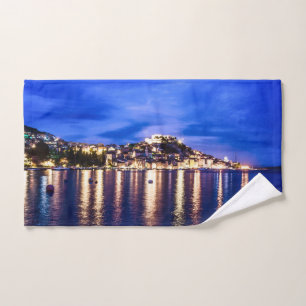 Illuminated harbor in Sibenik, Croatia Bath Towel Set