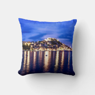Illuminated harbor in Sibenik, Croatia Cushion