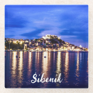 Illuminated harbor in Sibenik, Croatia Glass Coaster