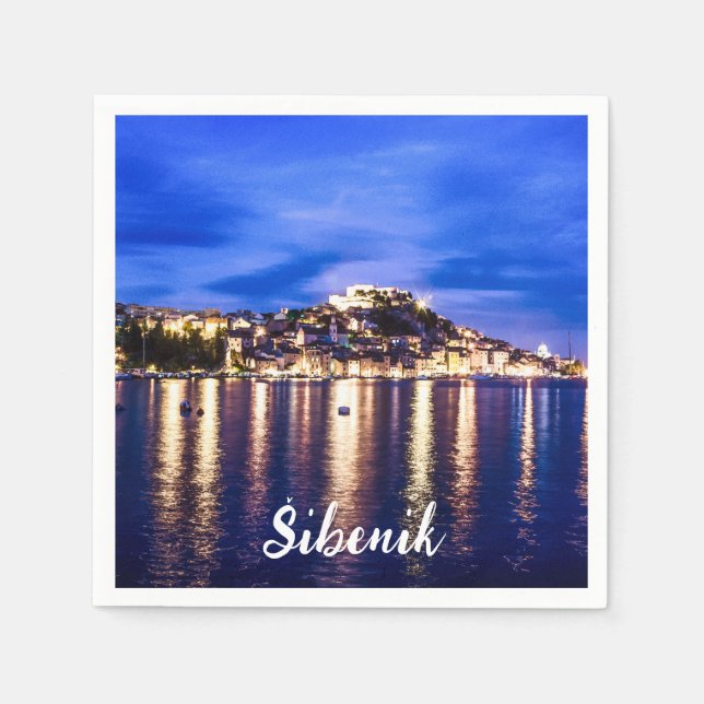 Illuminated harbor in Sibenik, Croatia Napkin (Front)