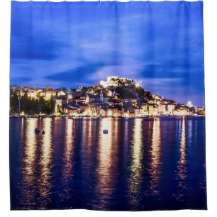 Illuminated harbor in Sibenik, Croatia Shower Curtain