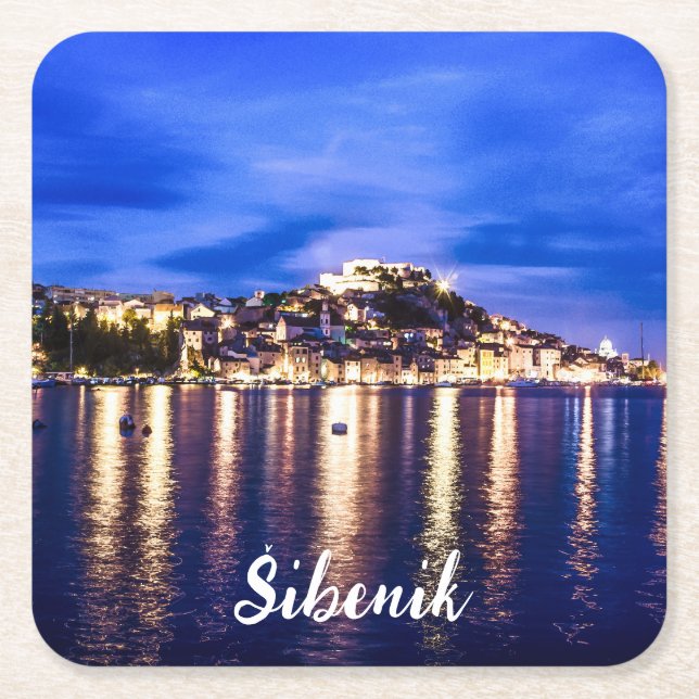 Illuminated harbor in Sibenik, Croatia Square Paper Coaster (Front)