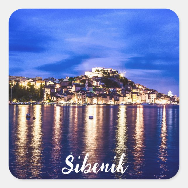 Illuminated harbor in Sibenik, Croatia Square Sticker (Front)