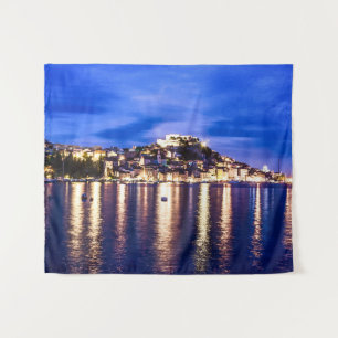 Illuminated harbor in Sibenik, Croatia Tapestry