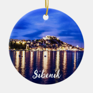 Illuminated harbour in Sibenik, Croatia Ceramic Ornament