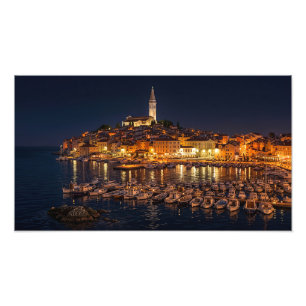 Illuminated Historic Waterfront Town At Night Phot Photo Print