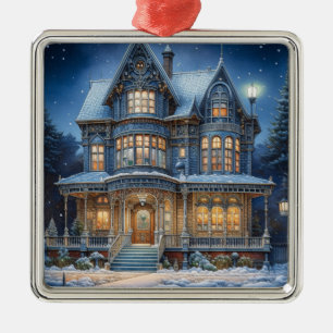 Illuminated House on a Christmas Eve Metal Ornament