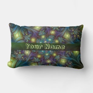 Illuminated modern blue purple Fractal Art Name Lumbar Cushion