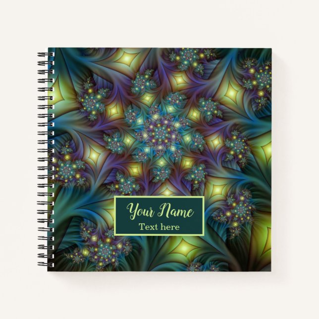 Illuminated modern blue purple Fractal Art Name Notebook (Front)