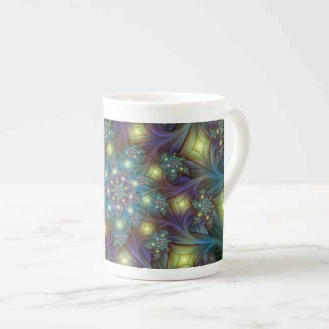 Illuminated modern blue purple Fractal Pattern Bone China Mug (Front Right)
