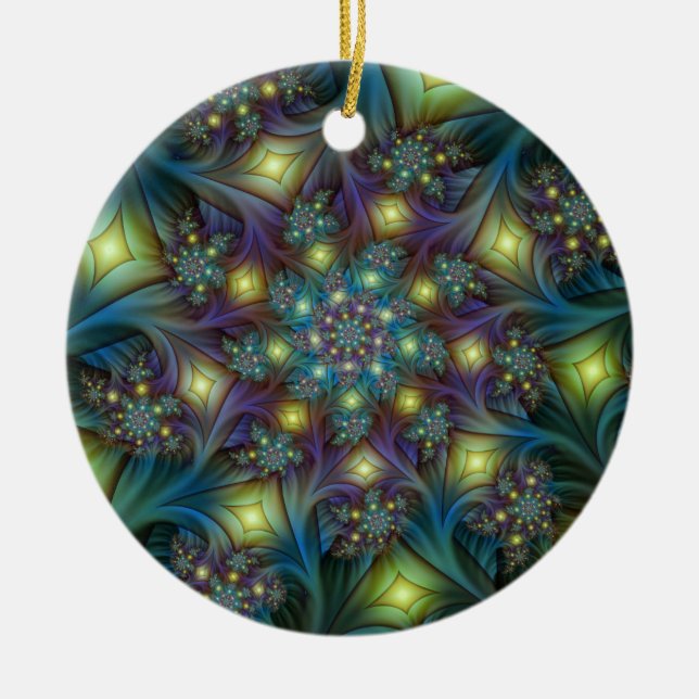 Illuminated modern blue purple Fractal Pattern Ceramic Ornament (Front)