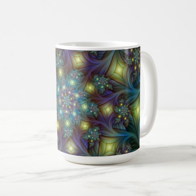 Illuminated modern blue purple Fractal Pattern Coffee Mug (Front Right)