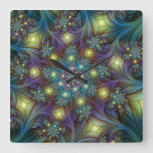 Illuminated modern blue purple Fractal Pattern Square Wall Clock