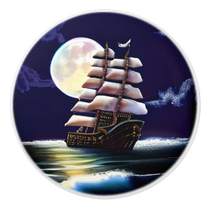 Illuminated Ship on the Ocean under the Moon Ceramic Knob