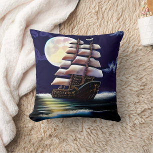 Illuminated Ship on the Ocean under the Moon Cushion