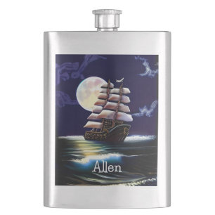 Illuminated Ship on the Ocean under the Moon  Hip Flask