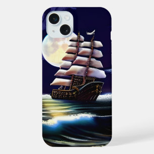 Illuminated Ship on the Ocean under the Moon iPhone 15 Plus Case