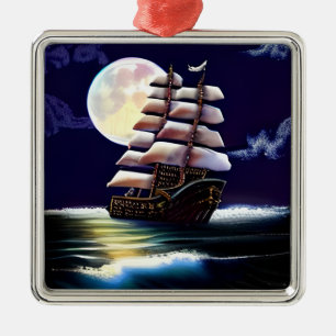 Illuminated Ship on the Ocean under the Moon Metal Ornament