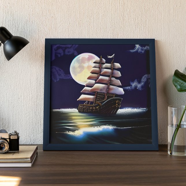 Illuminated Ship on the Ocean under the Moon Poster (Creator Uploaded)