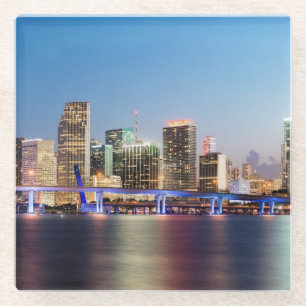 Illuminated skyline of downtown Miami at dusk Glass Coaster