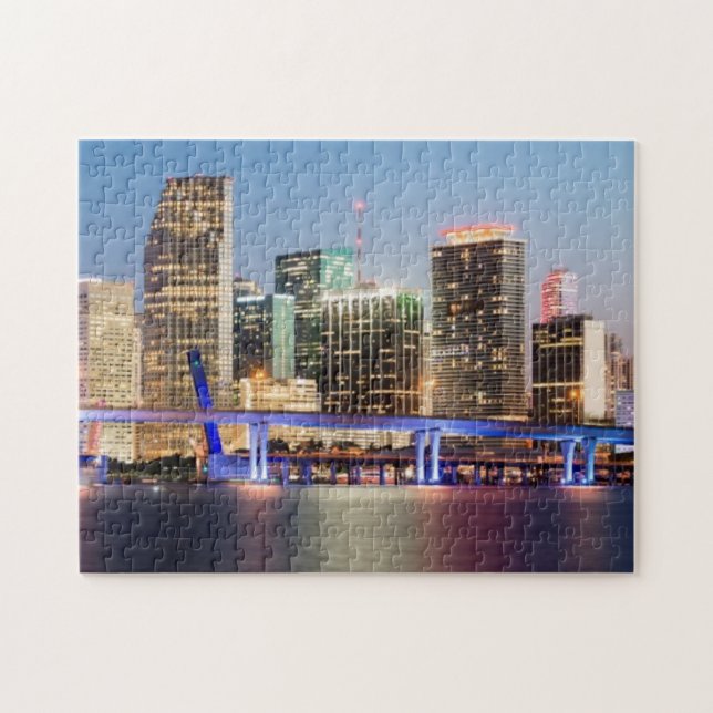 Illuminated skyline of downtown Miami at dusk Jigsaw Puzzle (Horizontal)