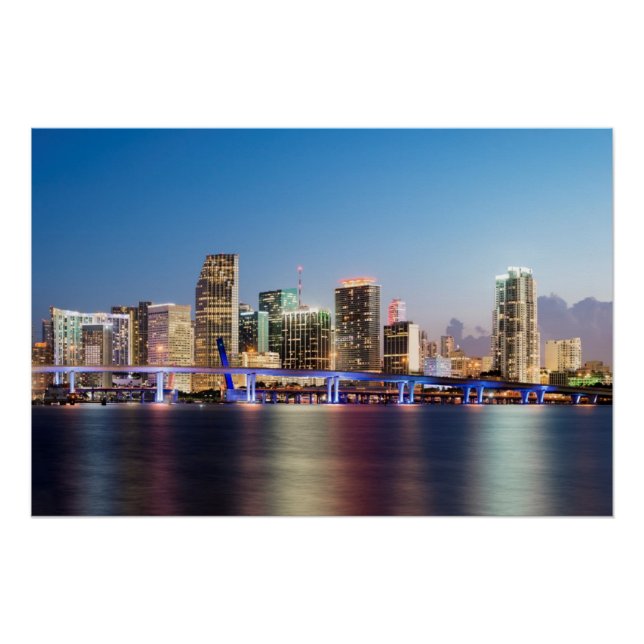 Illuminated skyline of downtown Miami at dusk Poster (Front)