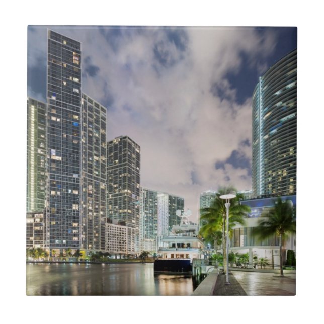 Illuminated towers at the Miami River waterfront Tile (Front)