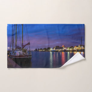 Illuminated Volendam harbor at night Bath Towel Set