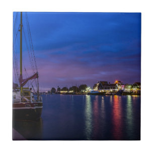 Illuminated Volendam harbor at night Ceramic Tile