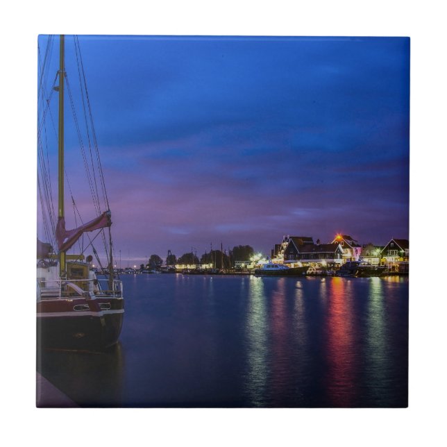 Illuminated Volendam harbor at night Ceramic Tile (Front)