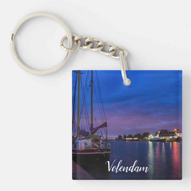 Illuminated Volendam harbor at night Key Ring (Front)