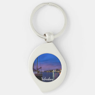 Illuminated Volendam harbor at night Key Ring