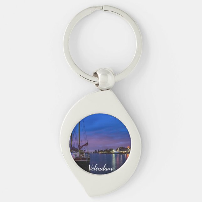 Illuminated Volendam harbor at night Key Ring (Front)