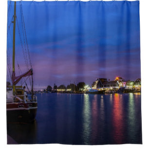 Illuminated Volendam harbor at night Shower Curtain