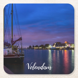 Illuminated Volendam harbor at night Square Paper Coaster