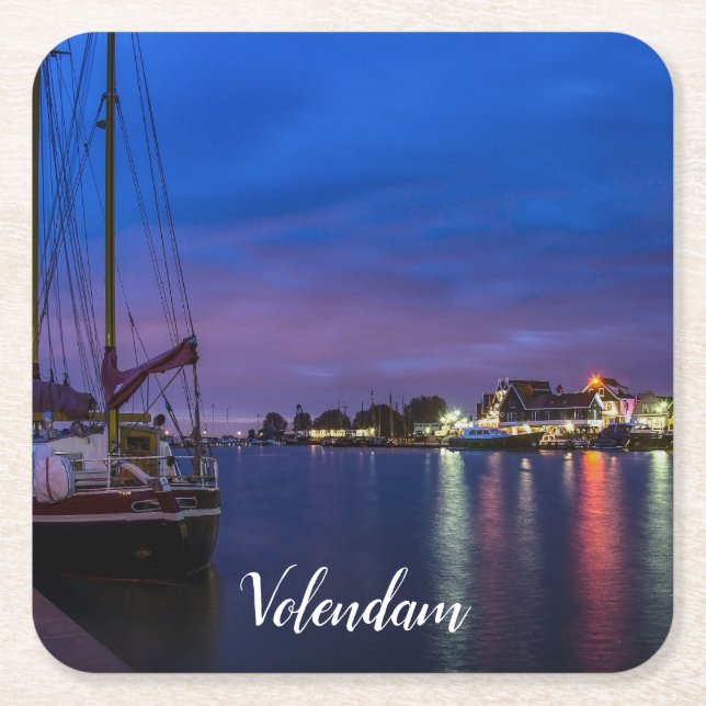 Illuminated Volendam harbor at night Square Paper Coaster (Front)