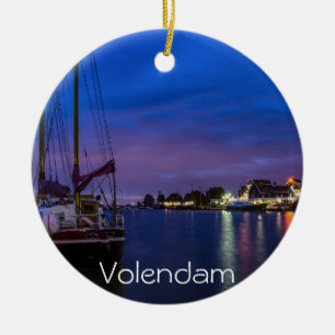 Illuminated Volendam harbour at night Ceramic Ornament