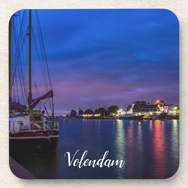 Illuminated Volendam harbour at night Coaster (Front)