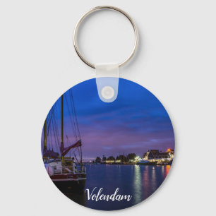 Illuminated Volendam harbour at night Key Ring